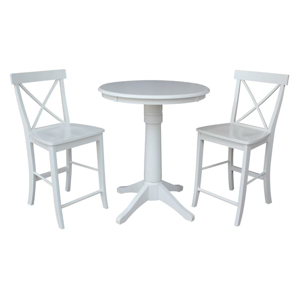 International Concepts Round 30 in Rd Pedestal Gathering Ht Table, 2 X-Back Counter Ht Stools, White, 30 in W, 30 in L, Wood K08-30RT-27B-S6132 - main